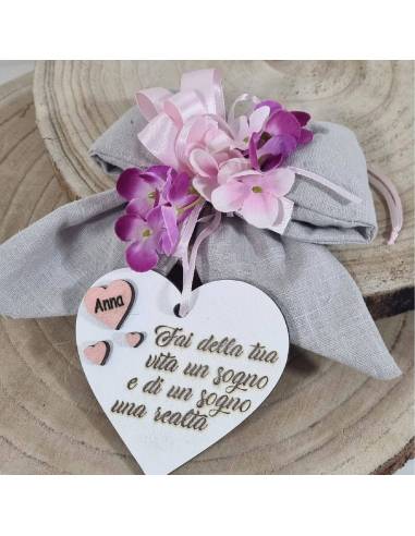 Bomboniere frasi cuore in legno con fiocco