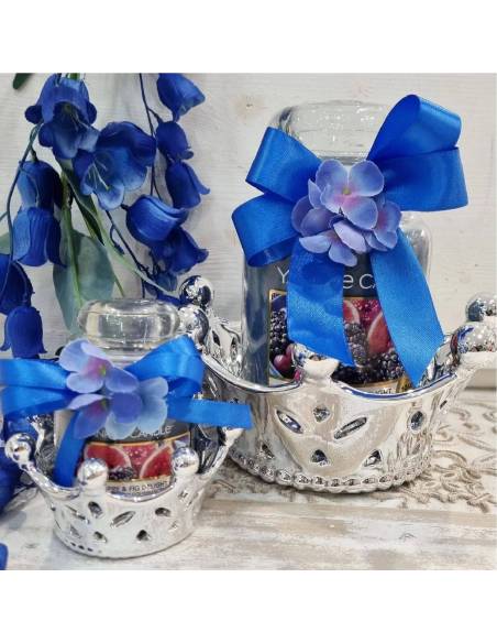 Candele bomboniere con portacandela corona in ceramica argento