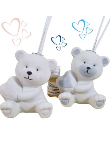 Bomboniere Battesimo profumatori orsetti ceramica cuore rosa e celeste