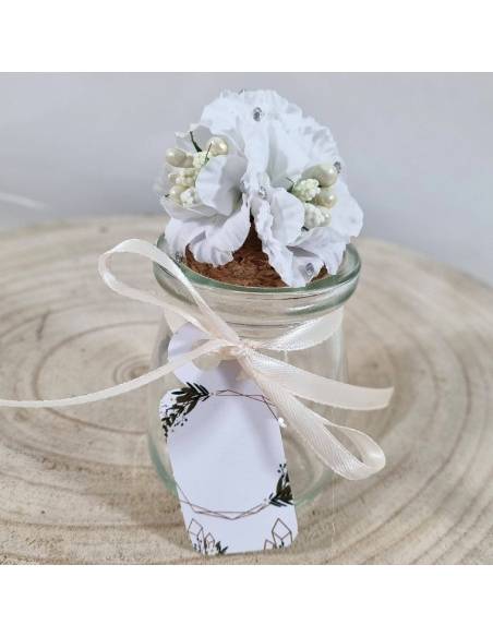 Barattoli vetro bomboniere fiori su tappo in sughero