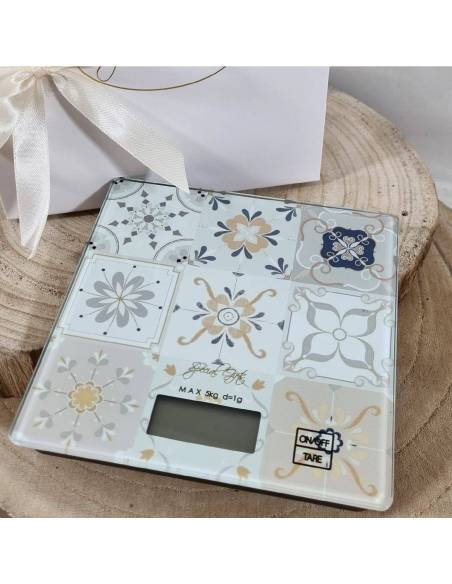 Bomboniere matrimonio utili bilancia con fantasia maioliche tonalità chiare