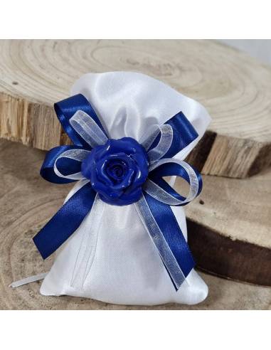 Bomboniere fiore di porcellana con sacchetto portaconfetti blu