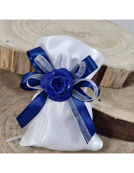 Bomboniere fiore di porcellana con sacchetto portaconfetti blu