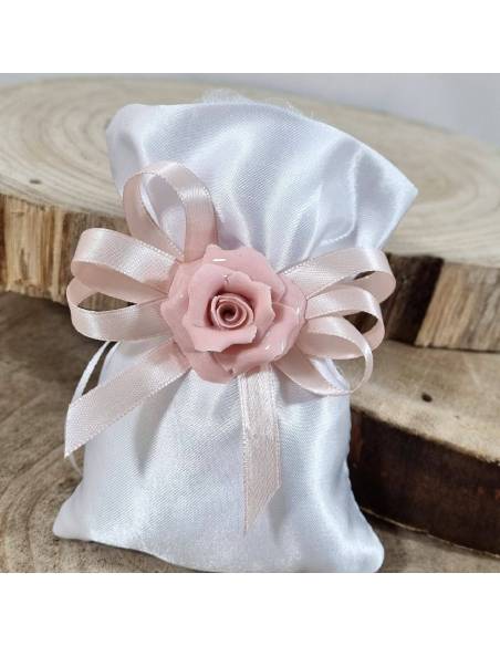Bomboniere fiore di porcellana con sacchetto portaconfetti rosa