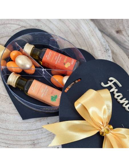 Scatola degustazione confetti cuore in legno nero con olio