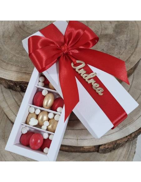 Bomboniere scatola degustazione confetti rossi e oro nome personalizzato