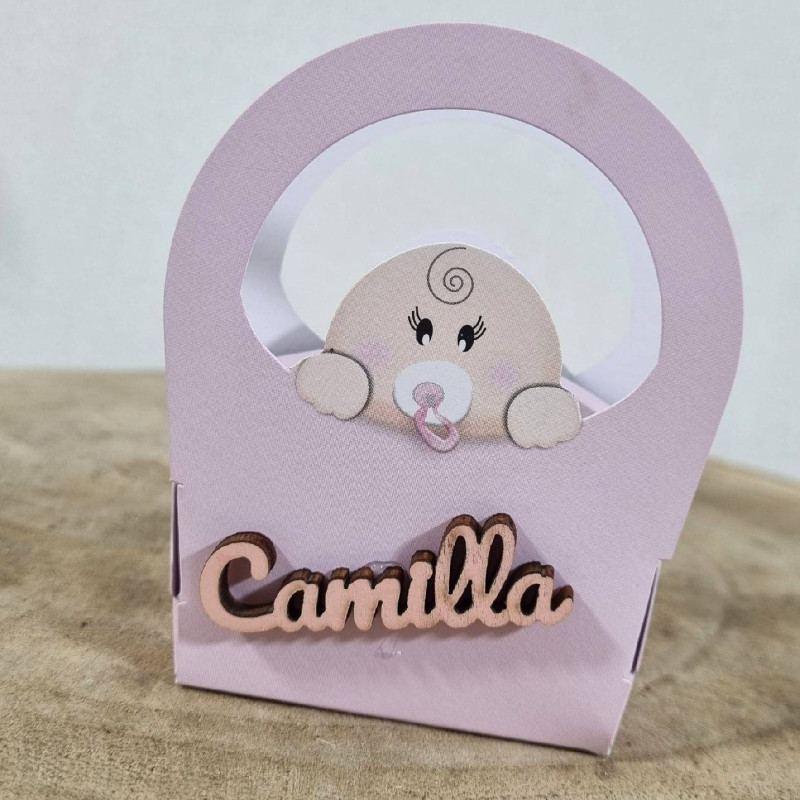 Scatoline portaconfetti personalizzate bimba nome legno a forma di borsetta| Sindy Bomboniere