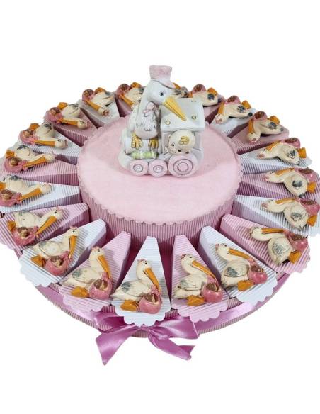 torta bomboniere nascita bimba cicogna magnete rosa
