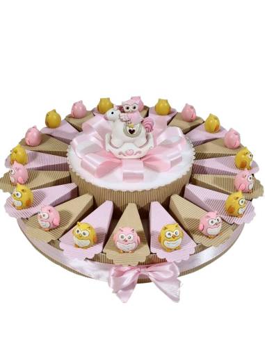 torta bomboniere nascita bimba gufetti rosa