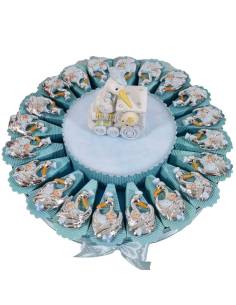 Torta bomboniera cicogna magnete argentati per maschietto
