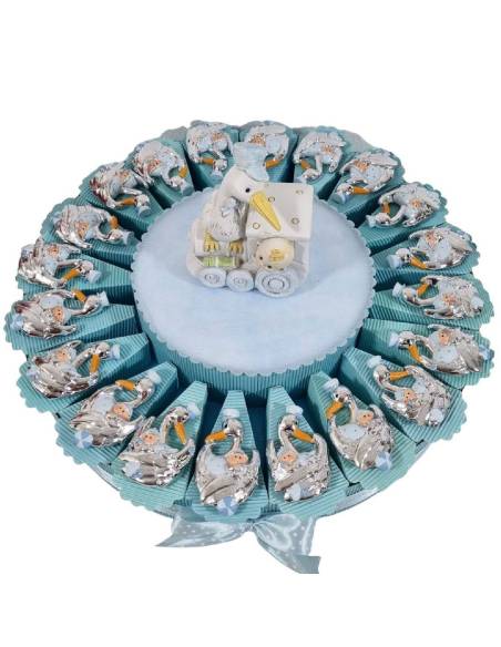 Torta bomboniera cicogna magnete argentati per maschietto