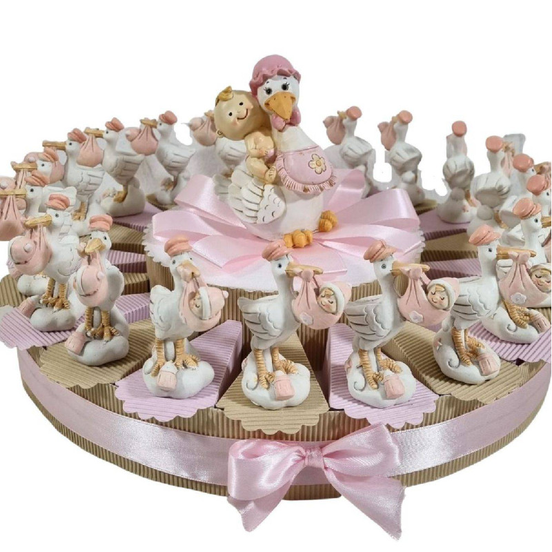 Torta battesimo nascita bambina a tema cicogne con bimba con centrale salvadanaio