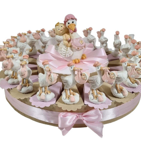 Torta battesimo nascita bambina a tema cicogne con bimba con centrale salvadanaio