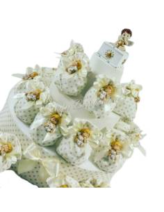 Torta bomboniera Battesimo angeli magnete sacchetti a pois