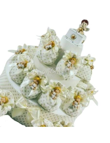 Torta bomboniera Battesimo angeli magnete sacchetti a pois