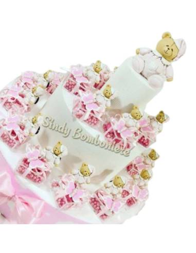 Bomboniera Battesimo rosa per bambina su torta bomboniera
