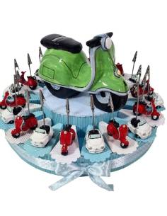 Torta bomboniere portafoto vespa e auto centrale salvadanaio vespa