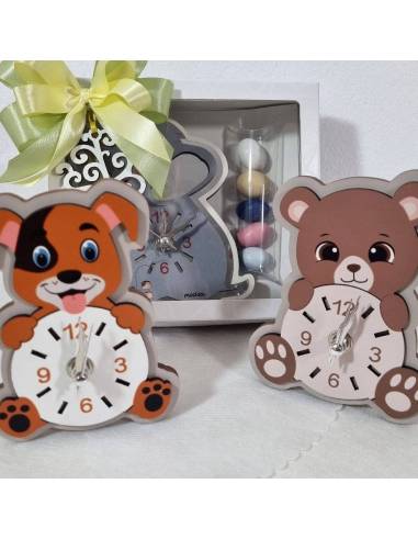 Bomboniere Battesimo orologio animaletti colorati in legno
