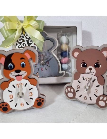 Bomboniere Battesimo orologio animaletti colorati in legno
