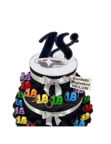 Torta bomboniere 18 anni portachiavi colorati topper argentato