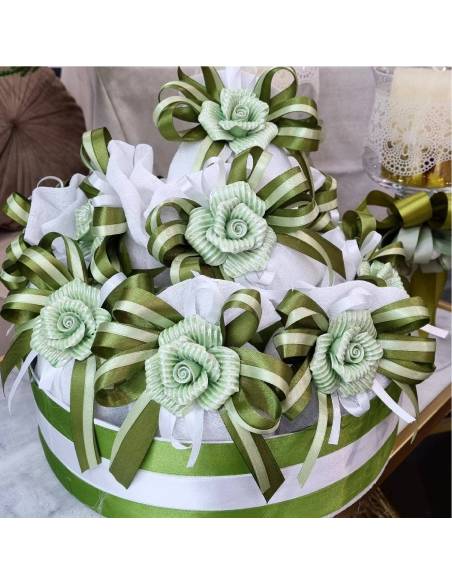 Sacchetti bomboniere fiore porcellana verde complete
