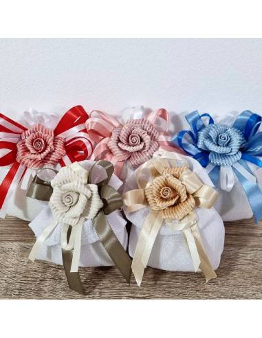 Sacchetti bomboniere fiore porcellana verde complete