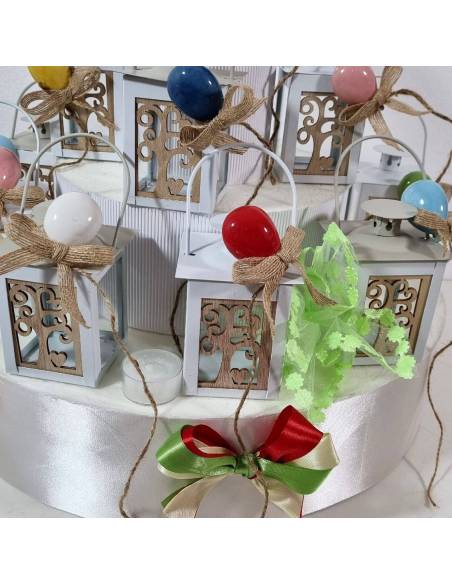 Lanterne bomboniere in metallo bianco beige e legno albero della vita