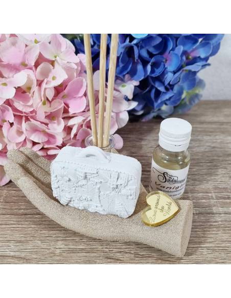 Profumatore bomboniere tema viaggio valigia in mano