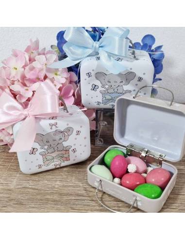 Portaconfetti Battesimo elefante valigia in metallo