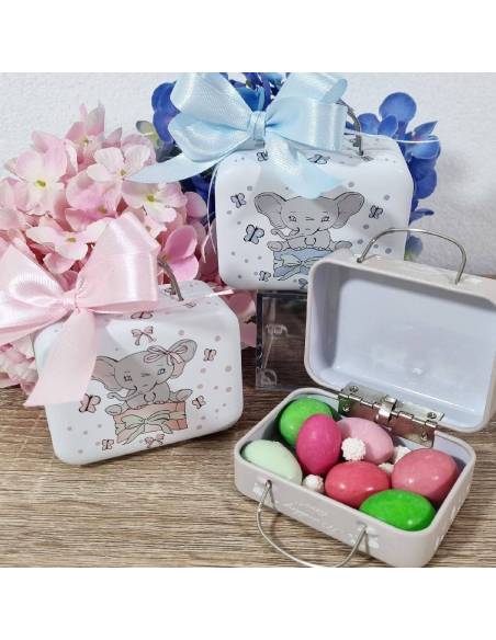 Portaconfetti Battesimo elefante valigia in metallo