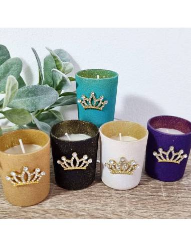 Candele bomboniere corona oro e strass vasetti glitter