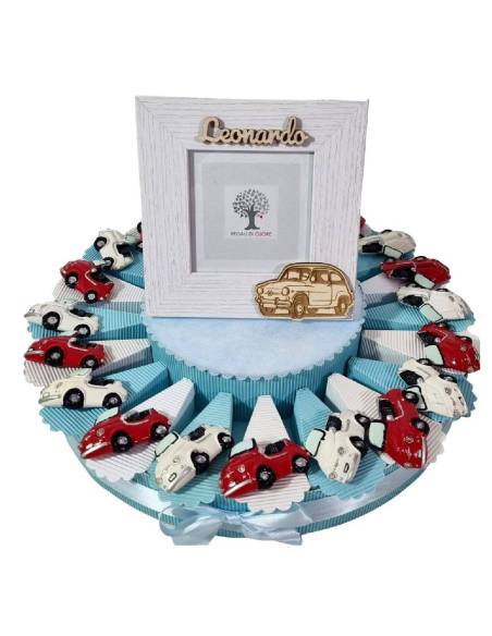 Torta bomboniere auto 500 calamite portafoto nome