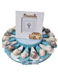 Bomboniera TORTA per battesimo comunione BIMBO MACCHININA ceramica