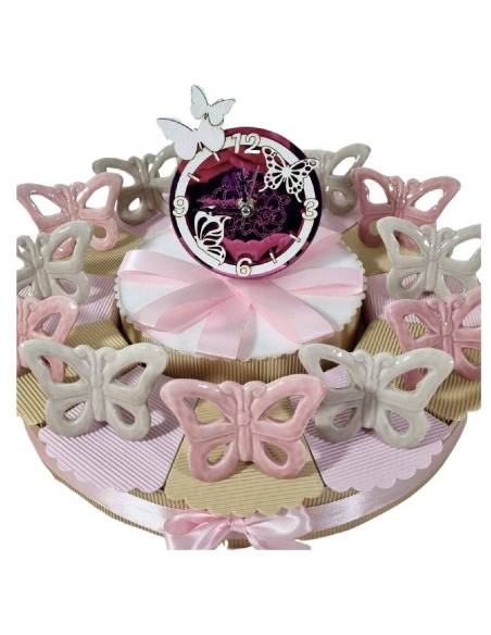 Torta bomboniere battesimo comunione farfalle porcellana orologio centrale