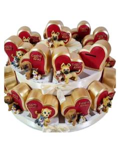 TORTA BOMBONIERA 24 FETTE SALVADANAI PIU CENTRALE CUCCIOLI CERCA AMICI CUORE DORATO COMPLEANNO COMUNIONE CRESIMA