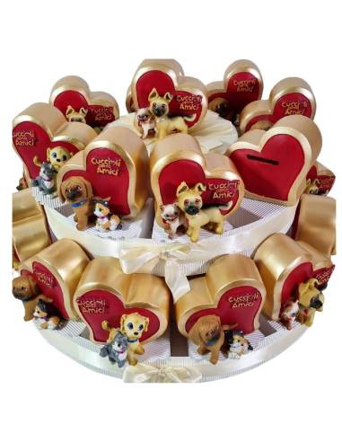 TORTA BOMBONIERA 24 FETTE SALVADANAI PIU CENTRALE CUCCIOLI CERCA AMICI CUORE DORATO COMPLEANNO COMUNIONE CRESIMA