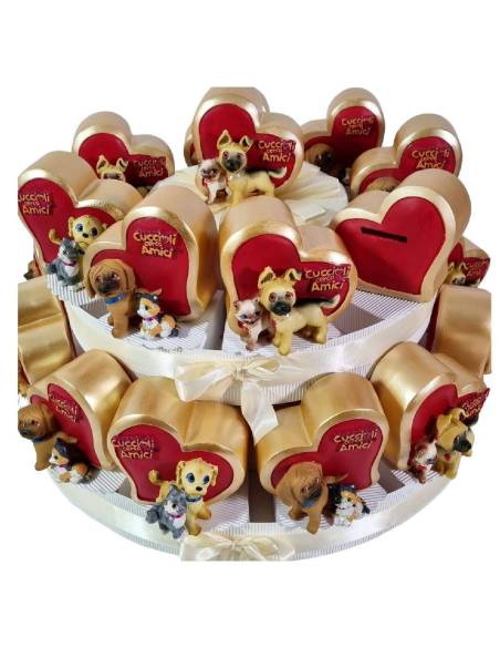TORTA BOMBONIERA 24 FETTE SALVADANAI PIU CENTRALE CUCCIOLI CERCA AMICI CUORE DORATO COMPLEANNO COMUNIONE CRESIMA