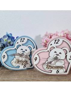 Bomboniere Battesimo orsetti orologio cuore personalizzati