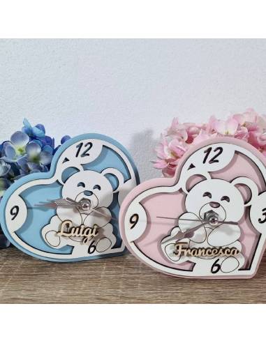 Bomboniere Battesimo orsetti orologio cuore personalizzati