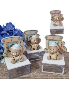 Bomboniere orsetti scatola plexiglass trenino in legno