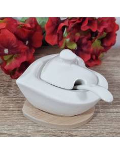 Zuccheriera cuore in ceramica bianca vassoio bamboo