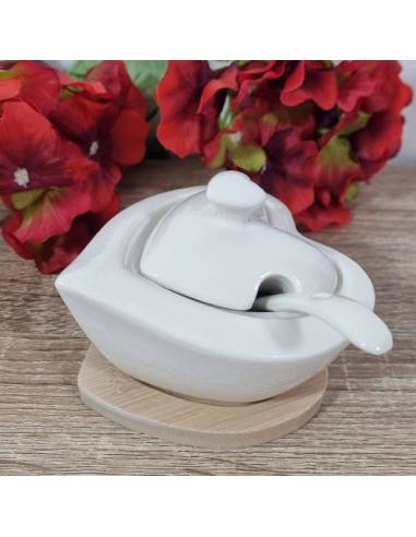 Zuccheriera cuore in ceramica bianca vassoio bamboo
