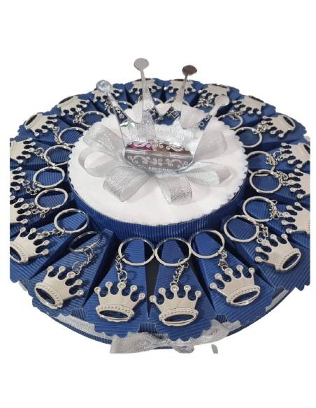 Torta bomboniere corona argentata strass portachiavi