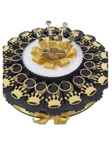 Torta di bomboniere corona portachiavi dorato con strass