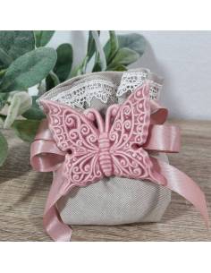 Bomboniere tema farfalle ceramica rosa antico sacchetto completo