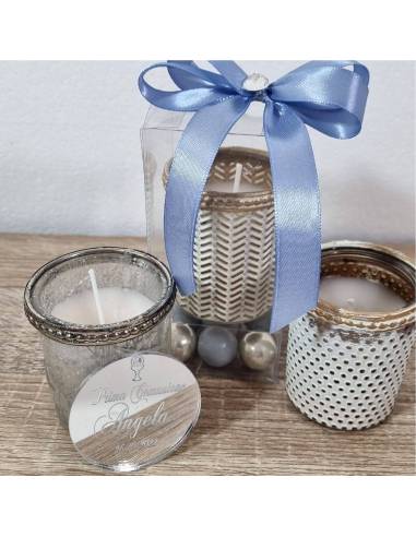 Candele bomboniere personalizzate coperchio argentato inciso