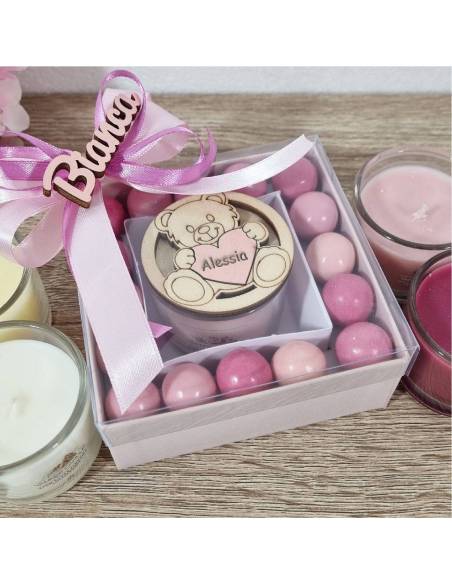 Candela Battesimo personalizzata orsetto cuore bimba degustazione confetti