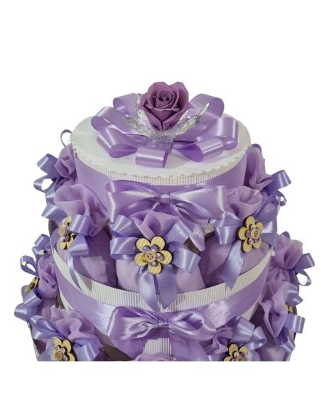 Torta Sacchetti bomboniere in raso lilla con fiore legno