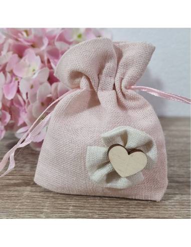 Sacchettini nascita bimba offerta con fiocco cuoricino legno |Sindy Bomboniere