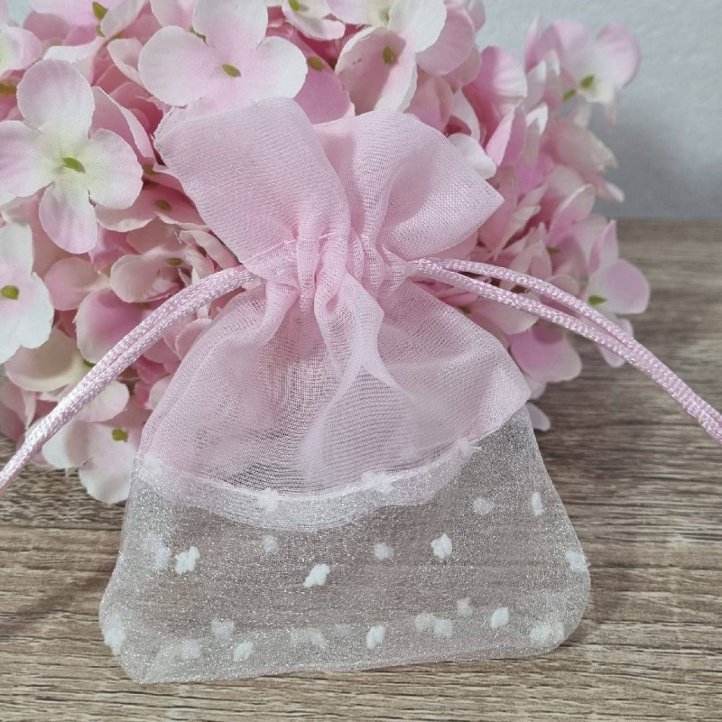 Sacchetti rosa a pois bianchi con tiranti laterali Battesimo